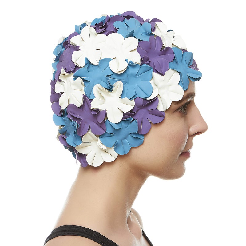 BEEMO Floral Petal Ladies Bathing Swim Cap - Purple/Blue/Whte - Image 4